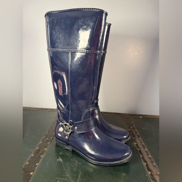 Michael Kors FULTON HARNESS RAINBOOT Knee High Rubber NAVY BLUE Women Size 8 - Picture 1 of 5